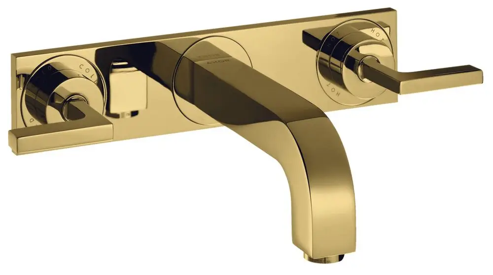Waschtischarmatur von AXOR mit zwei Hebelgriffen und einem Auslauf. Oberfläche in Polished Gold Optic. Wandmontage, dezentes Design für moderne Badezimmergestaltung.